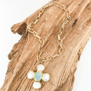 Pearl Clover Cross on Etched Chain - The South Apparel