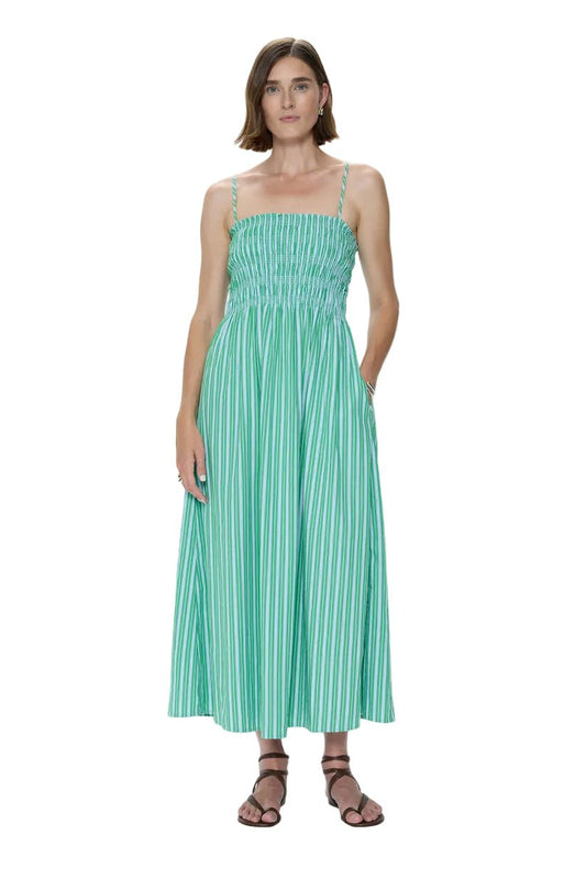 Pistola Shirred Bodice Dress in Green/Blue Stripe - The South Apparel