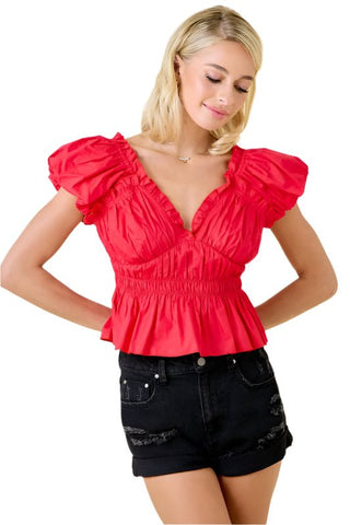 Poplin Ruffle Top in Red - The South Apparel