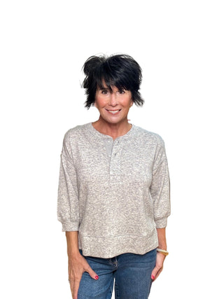 Puff Sleeve Boxy Henley in Heather Grey - The South Apparel
