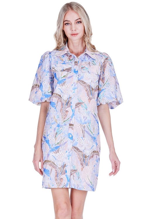 Puff Sleeve Fitted Shirtdress in Vintage Mist Eyelet - The South Apparel