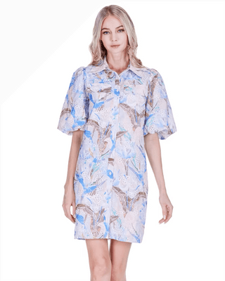 Puff Sleeve Fitted Shirtdress in Vintage Mist Eyelet - The South Apparel