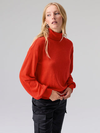 Ruched Sleeve Turtleneck Top in Lipstick - The South Apparel