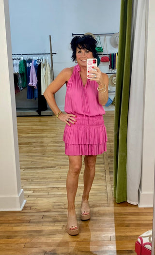Sleeveless Ruffle Neck Mini Dress in Azalea - The South Apparel