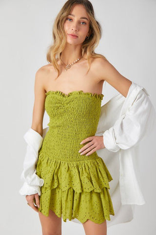 Smocked Ruffle Mini Dress in Pear - The South Apparel