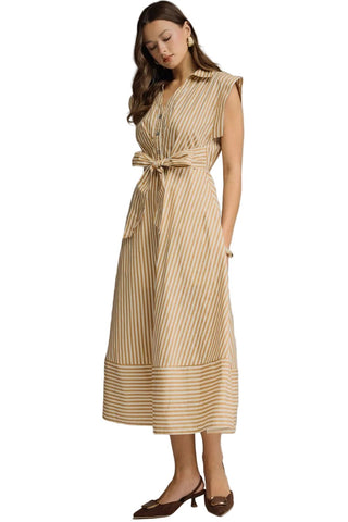 Striped Cap Sleeve Midi Dress, Tan - The South Apparel