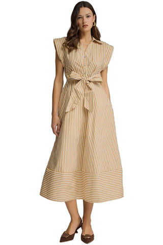 Striped Cap Sleeve Midi Dress, Tan - The South Apparel