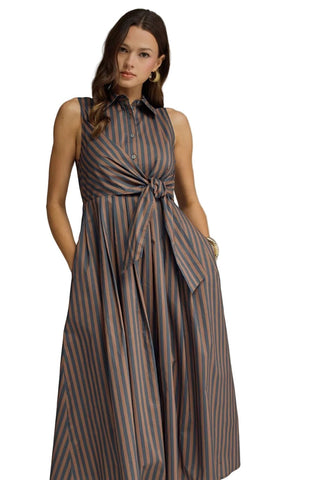 Striped Collared Midi Dress, Navy/Brown - The South Apparel