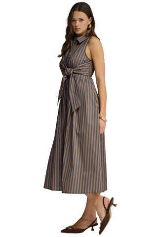 Striped Collared Midi Dress, Navy/Brown - The South Apparel