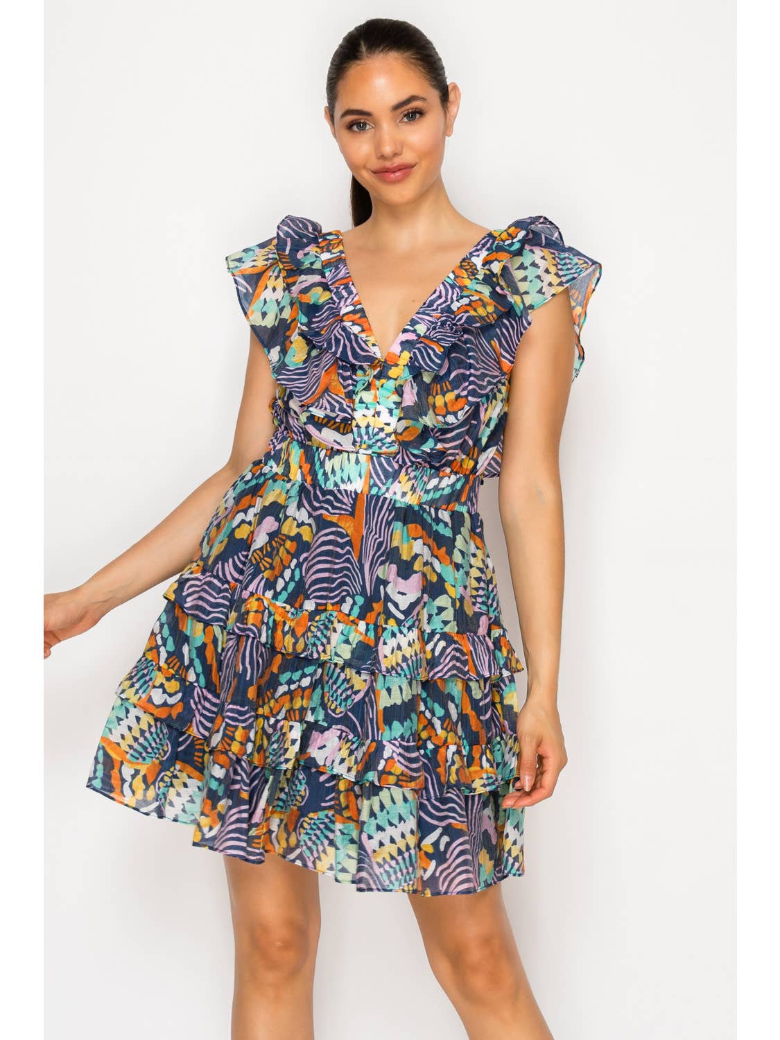 The Abstact Flutter Sleeve Ruffle Mini Dress - The South Apparel