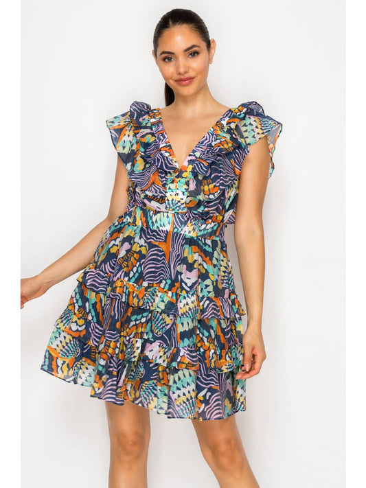 The Abstact Flutter Sleeve Ruffle Mini Dress - The South Apparel