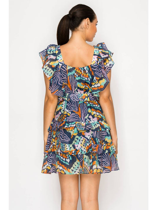 The Abstact Flutter Sleeve Ruffle Mini Dress - The South Apparel