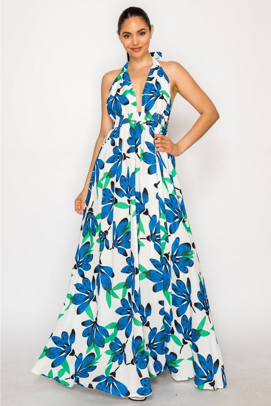 The Azure Floral Halter Maxi Dress - The South Apparel