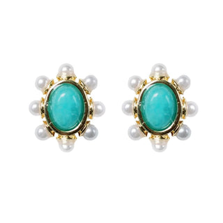 Turquoise and Pearl Oval Stud Earrings - The South Apparel