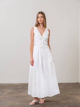 V - Neck Tie Front Midi Dress in White - The South Apparel