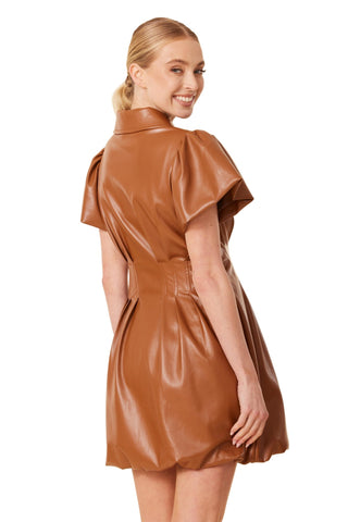 Vegan Leather Zip Front Bubble Dress in Saddle - The South Apparel
