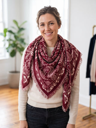 Vintage Tapestry Fringed Shawl, Burgundy - The South Apparel
