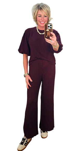 Wide Leg Drawstring Pant in Burgundy - The South Apparel