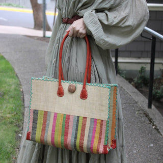 Zafran Two Tone Wide Stripe Straw Beach Bag - The South Apparel